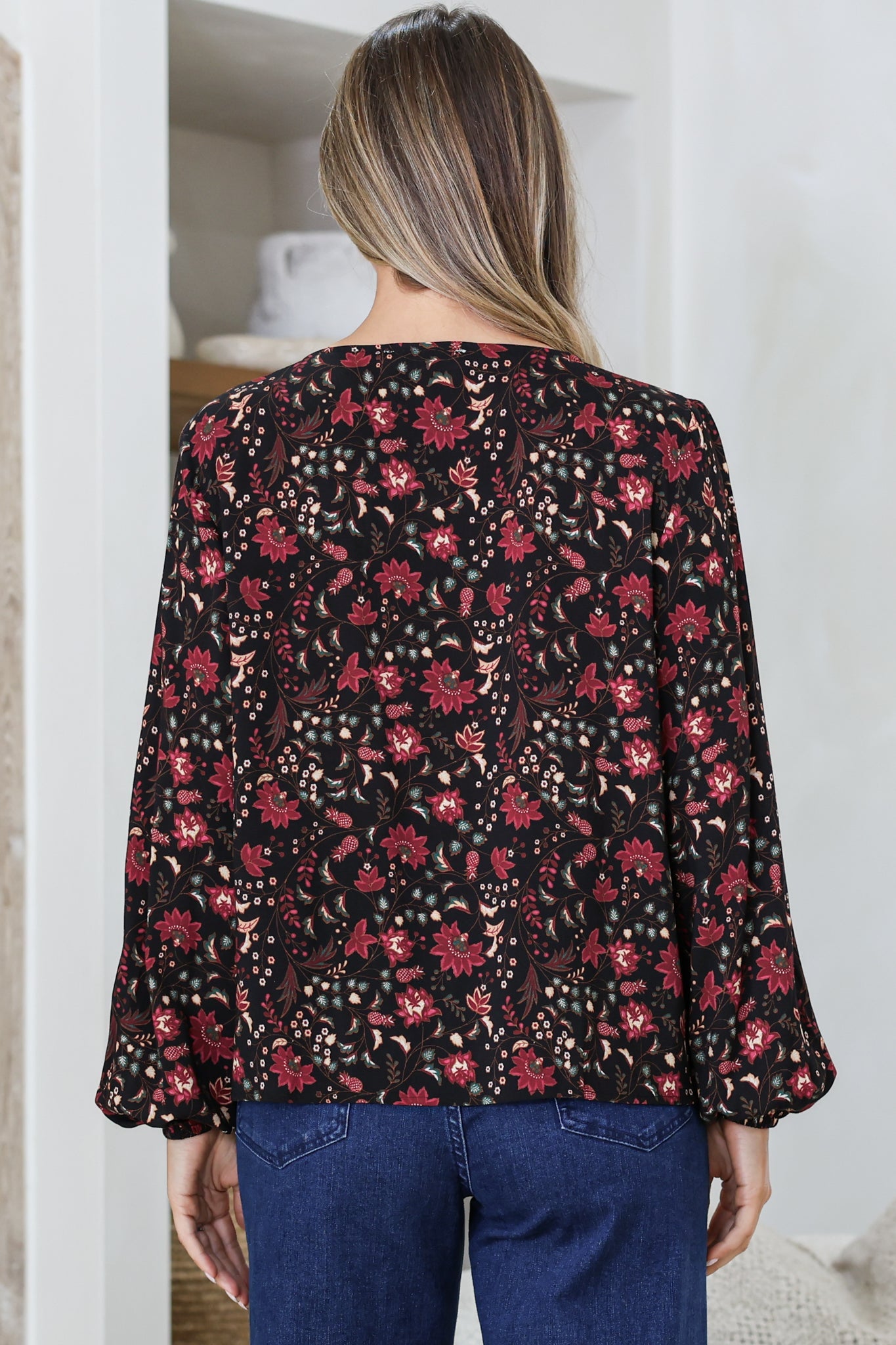 Mathilde Top - Soft V-Neck Pull Over with Long Sleeves and Neck Tie with Tassels in Nanushka Print