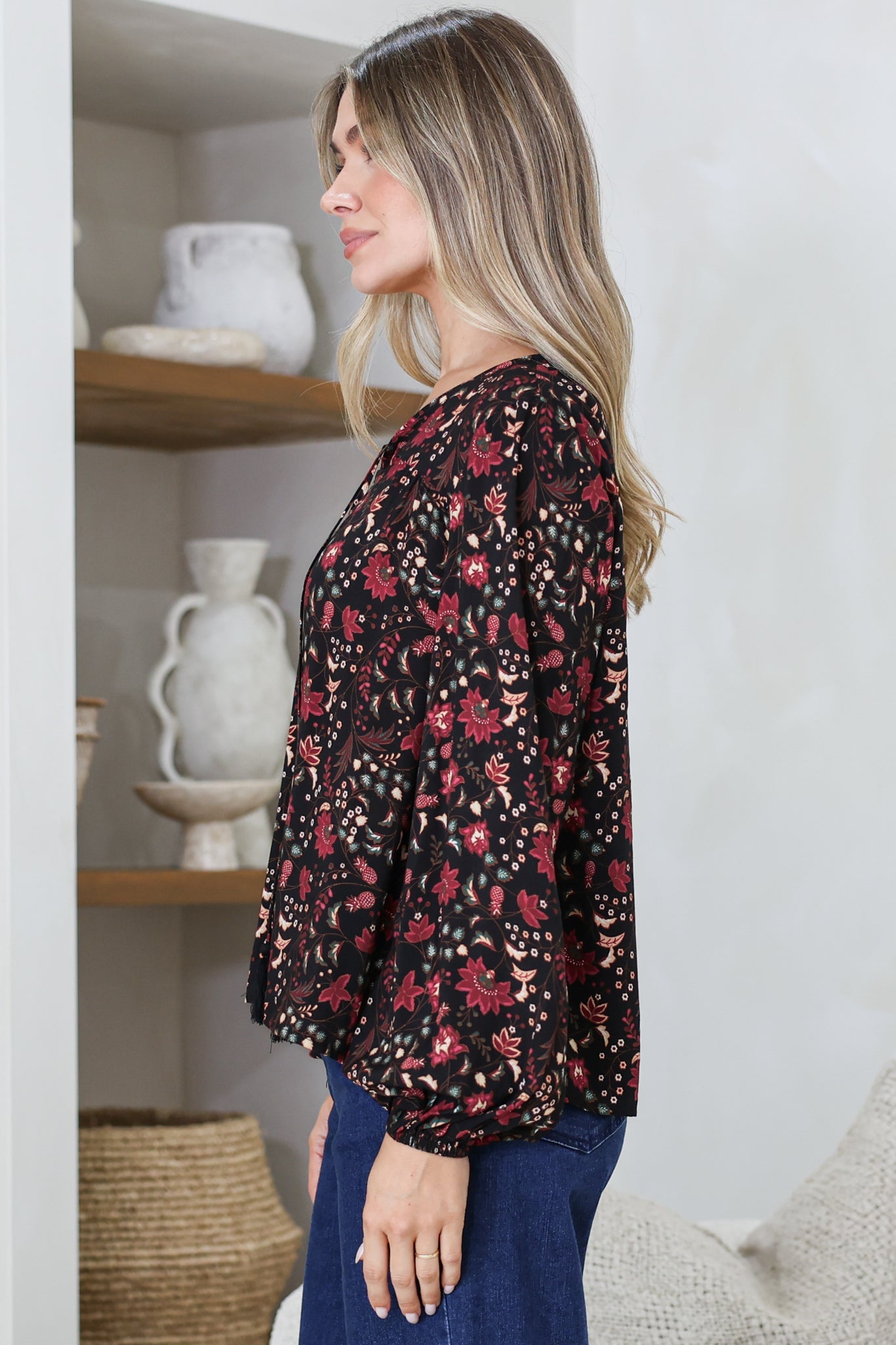 Mathilde Top - Soft V-Neck Pull Over with Long Sleeves and Neck Tie with Tassels in Nanushka Print