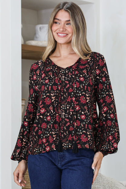 Mathilde Top - Soft V-Neck Pull Over with Long Sleeves and Neck Tie with Tassels in Nanushka Print