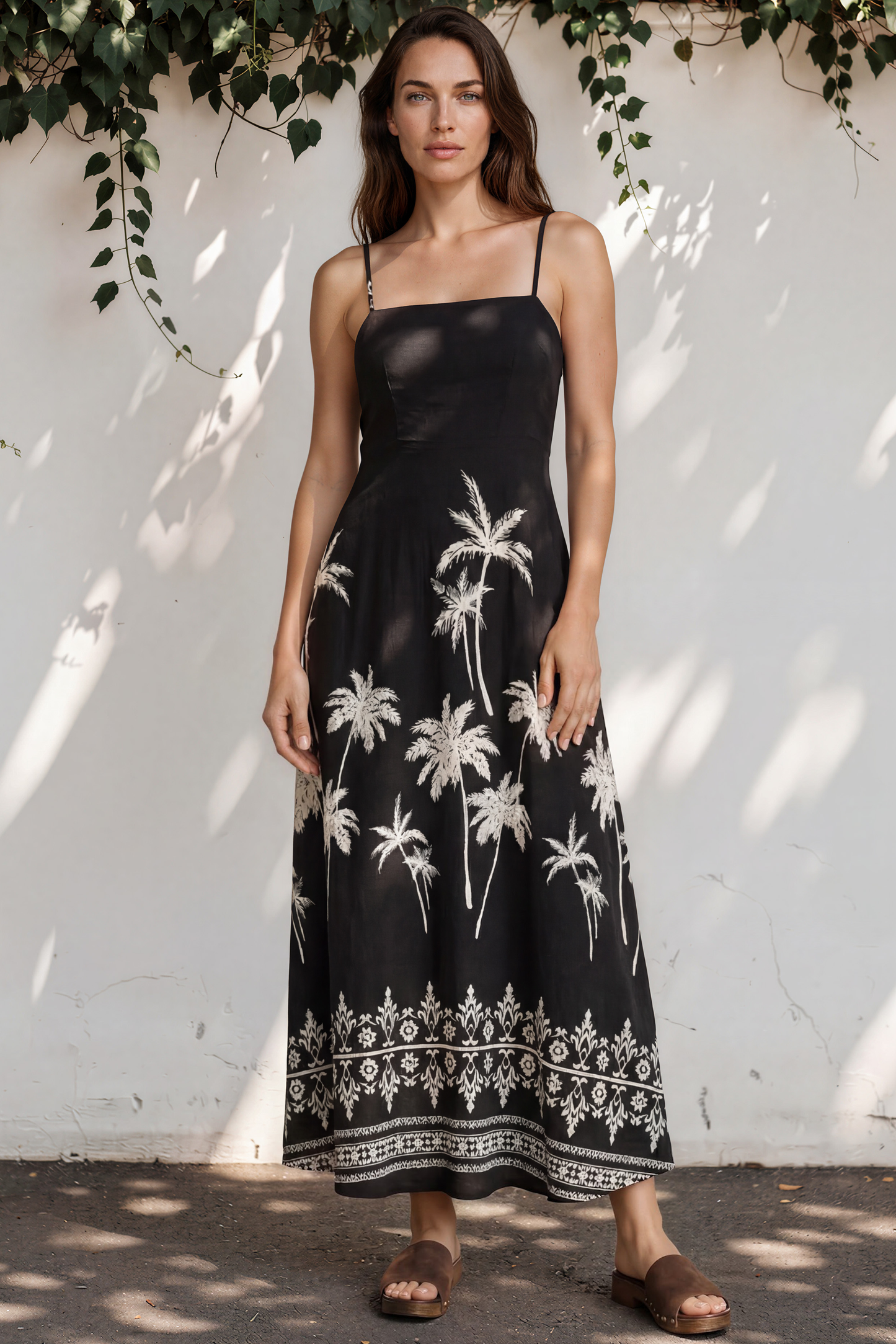 Mattina Maxi Dress: Spaghetti Strap Sun Dress in Aviv Print Black