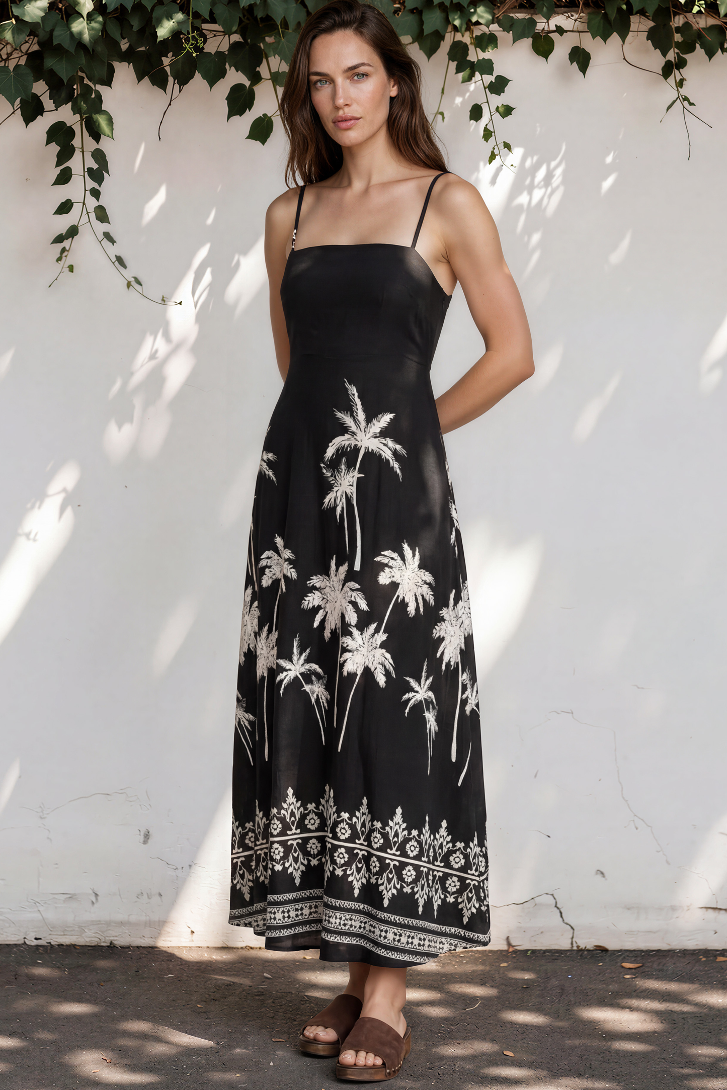 Mattina Maxi Dress: Spaghetti Strap Sun Dress in Aviv Print Black