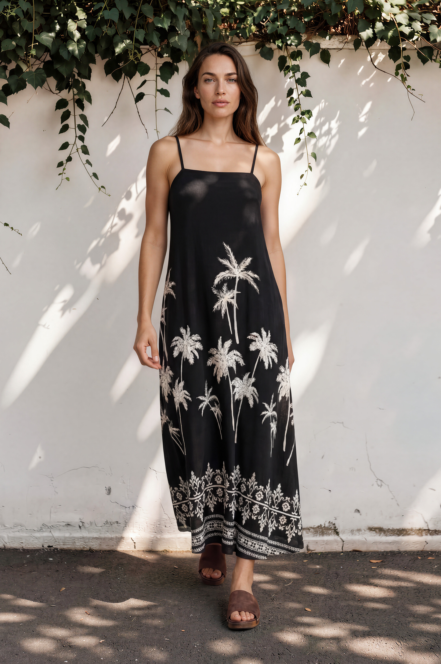 Mattina Maxi Dress: Spaghetti Strap Sun Dress in Aviv Print Black