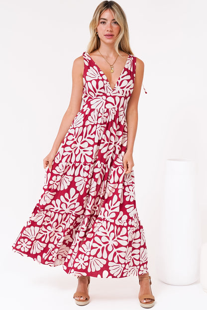 Maude Maxi Dress - Deep V-Neck Ties on Shoulders Tiered Dress in Lunie Print Red