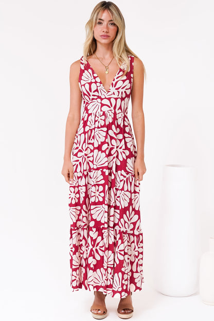 Maude Maxi Dress - Deep V-Neck Ties on Shoulders Tiered Dress in Lunie Print Red