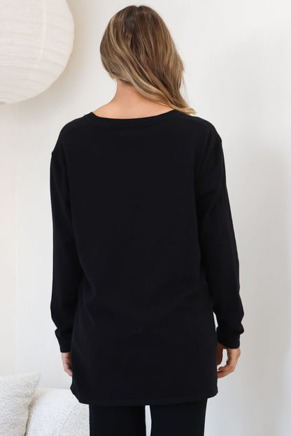 Mayanna Jumper - Light Weight V Neck Knit Jumper with Side Splits in Black