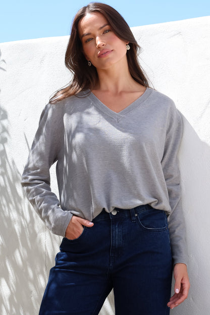Mayanna Jumper - Light Weight V Neck Knit with Side Splits in Grey