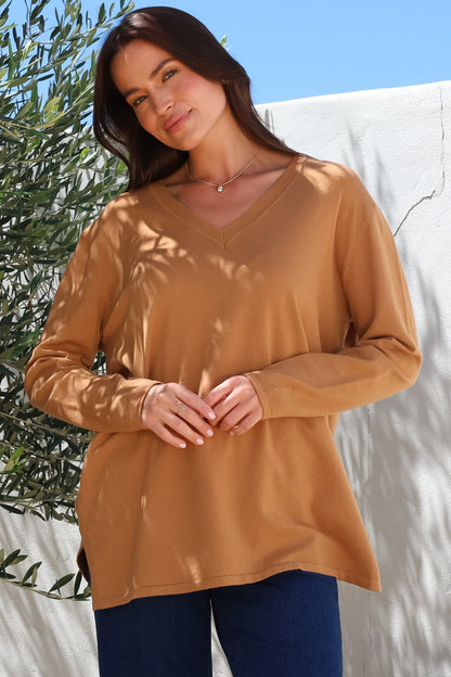 Mayanna Jumper - Light Weight V Neck Knit Jumper with Side Splits in Rust