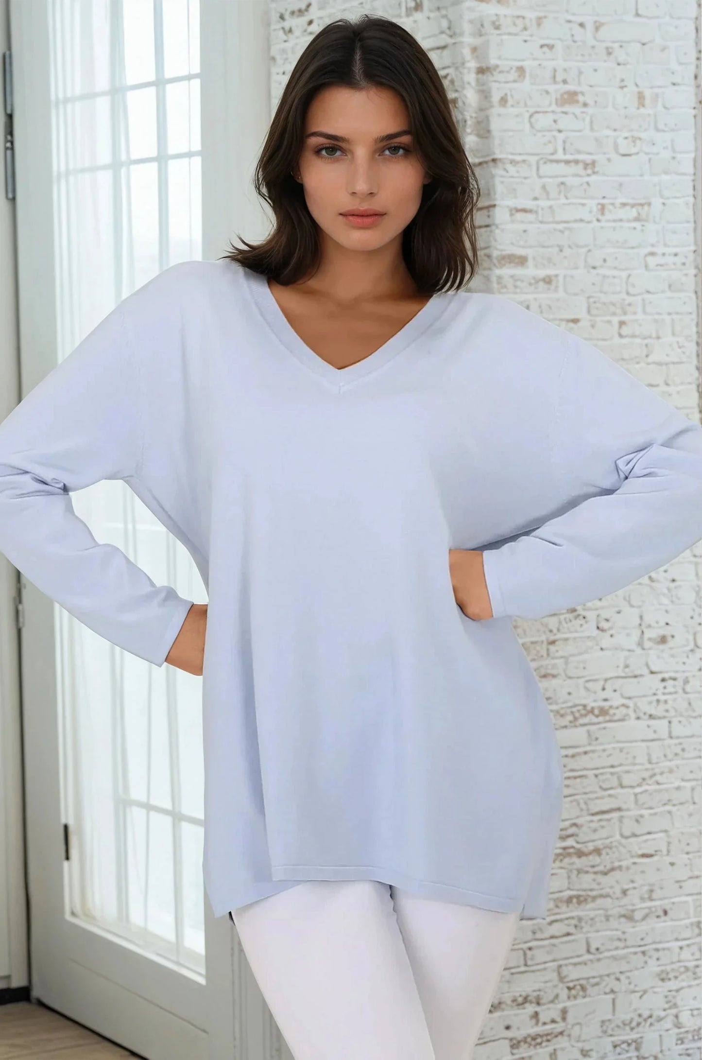 Mayanna Jumper - Light Weight V Neck Knit Jumper with Side Splits in Sky Blue