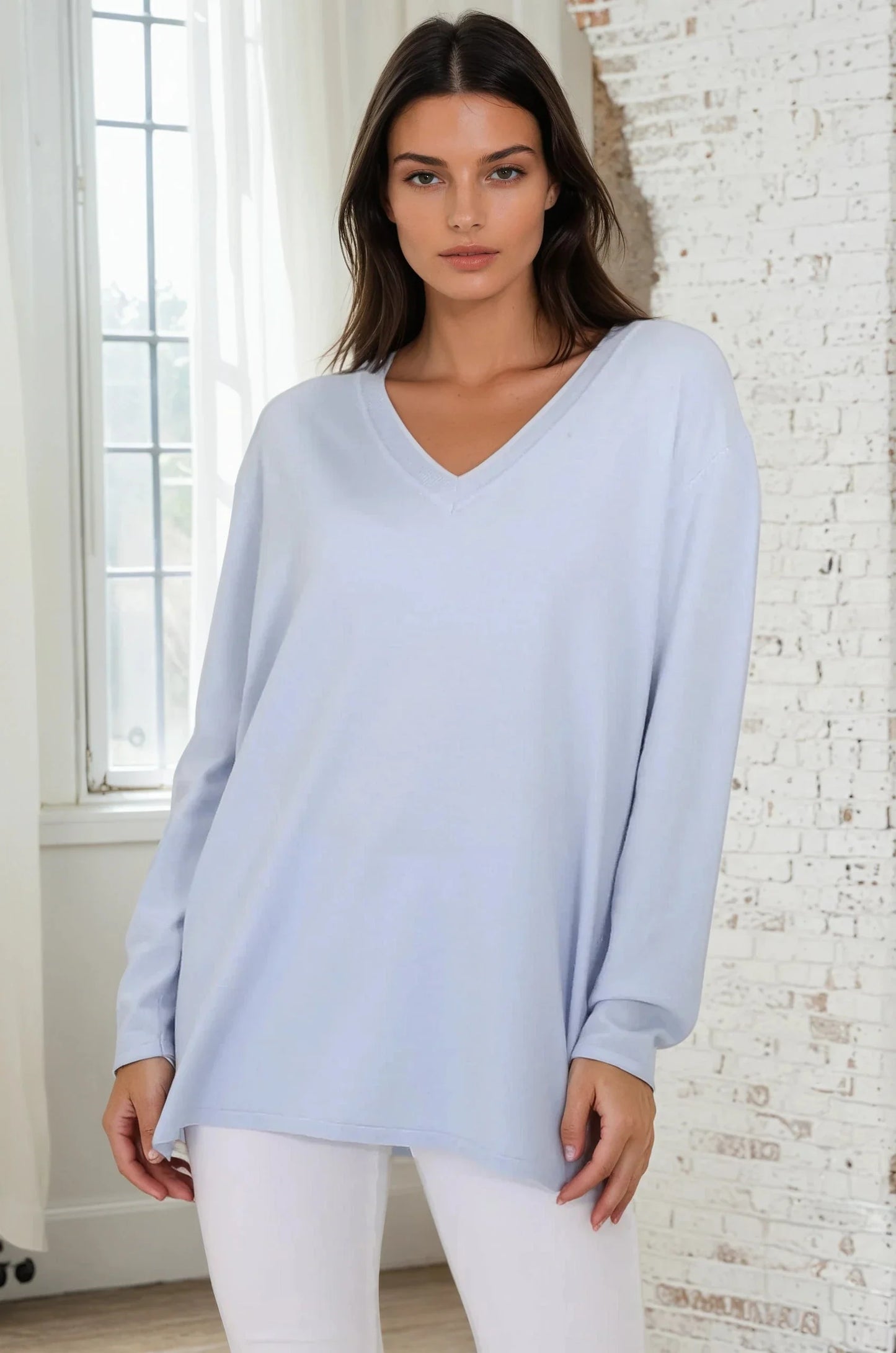 Mayanna Jumper - Light Weight V Neck Knit Jumper with Side Splits in Sky Blue