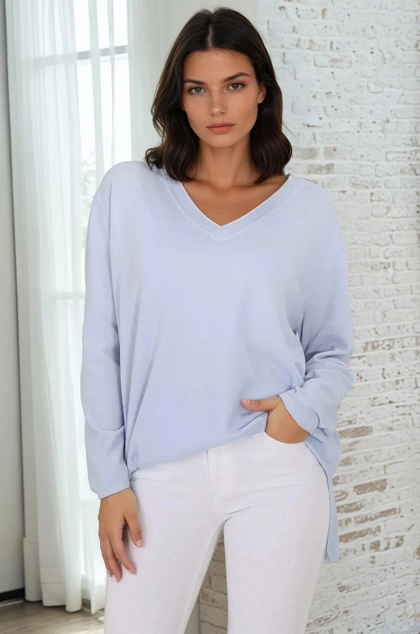 Mayanna Jumper - Light Weight V Neck Knit Jumper with Side Splits in Sky Blue