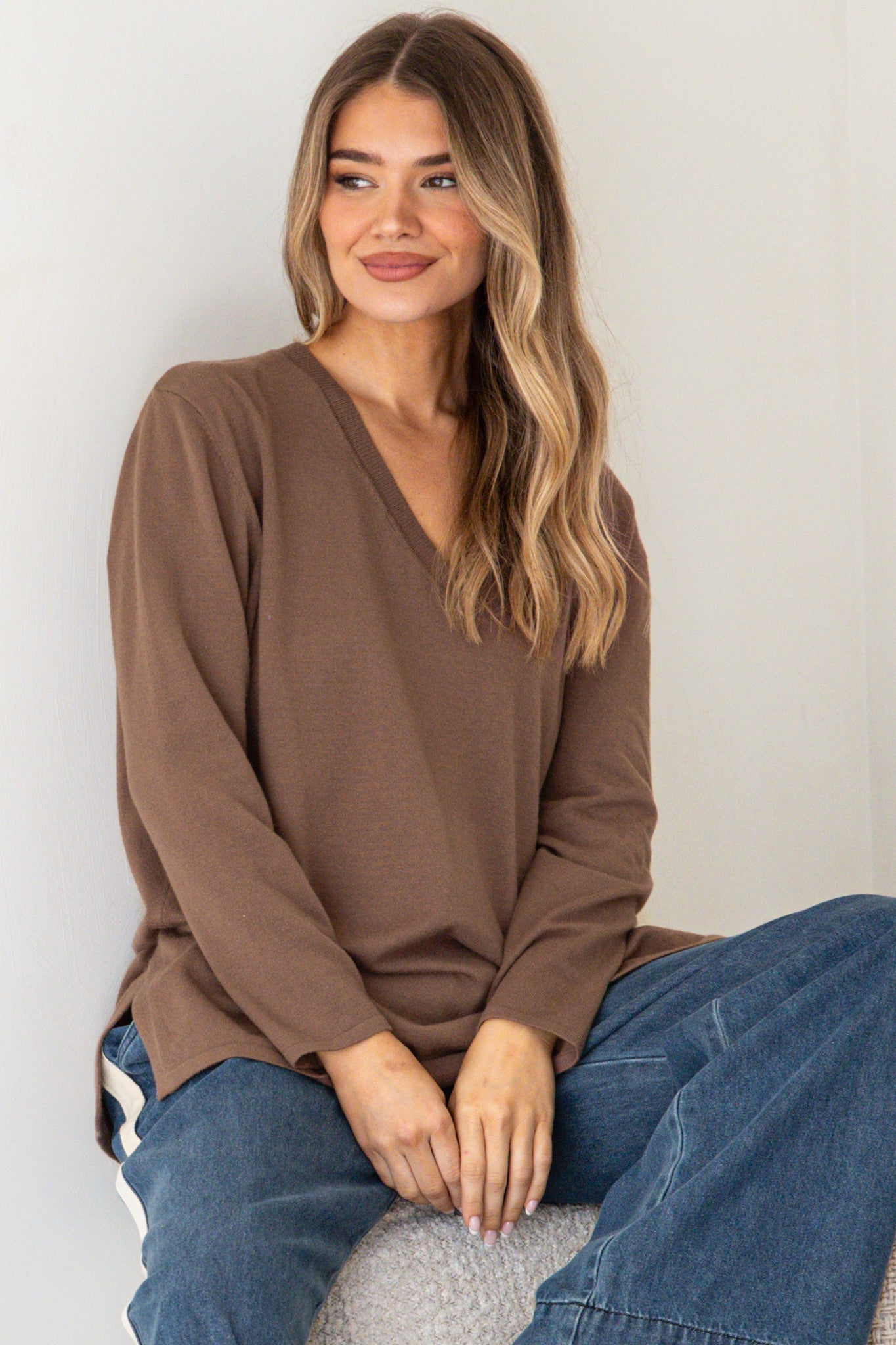 Mayanna Jumper - Light Weight V Neck Knit with Side Splits in Coffee