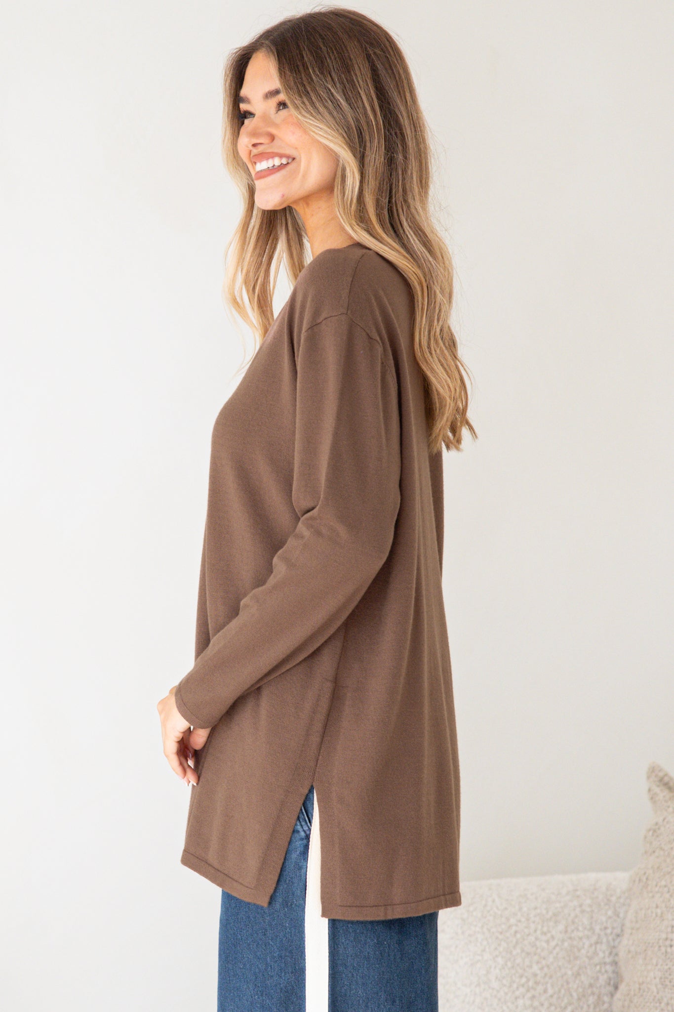 Mayanna Jumper - Light Weight V Neck Knit with Side Splits in Coffee
