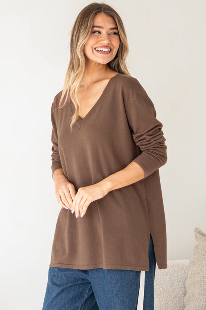 Mayanna Jumper - Light Weight V Neck Knit with Side Splits in Coffee
