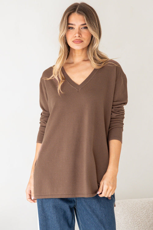 Mayanna Jumper - Light Weight V Neck Knit with Side Splits in Coffee