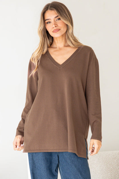 Mayanna Jumper - Light Weight V Neck Knit with Side Splits in Coffee