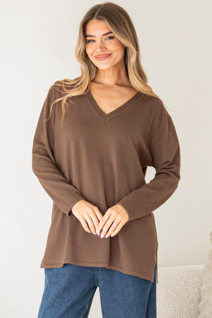 Mayanna Jumper - Light Weight V Neck Knit with Side Splits in Coffee