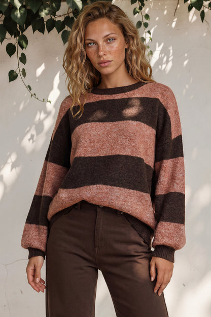 Mekah Jumper - Crew Neck Stripe Knit with Balloon Sleeves in Chocolate/Tobacco