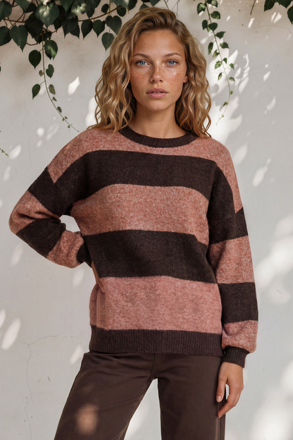 Mekah Jumper - Crew Neck Stripe Knit with Balloon Sleeves in Chocolate/Tobacco