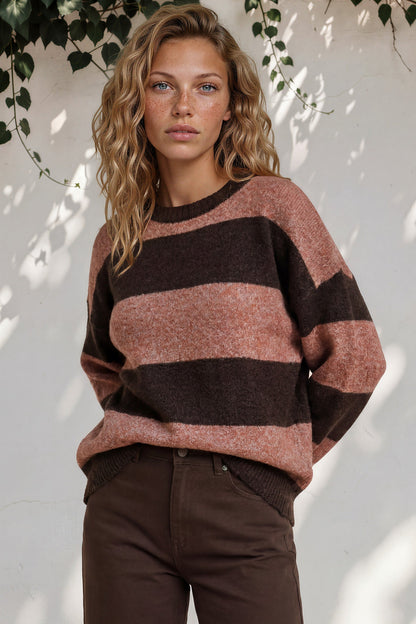 Mekah Jumper - Crew Neck Stripe Knit with Balloon Sleeves in Chocolate/Tobacco