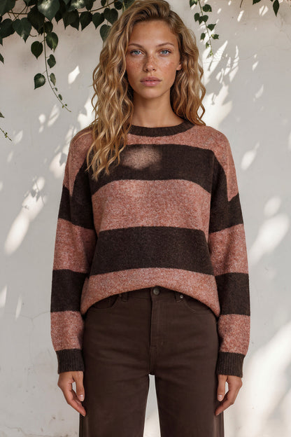 Mekah Jumper - Crew Neck Stripe Knit with Balloon Sleeves in Chocolate/Tobacco