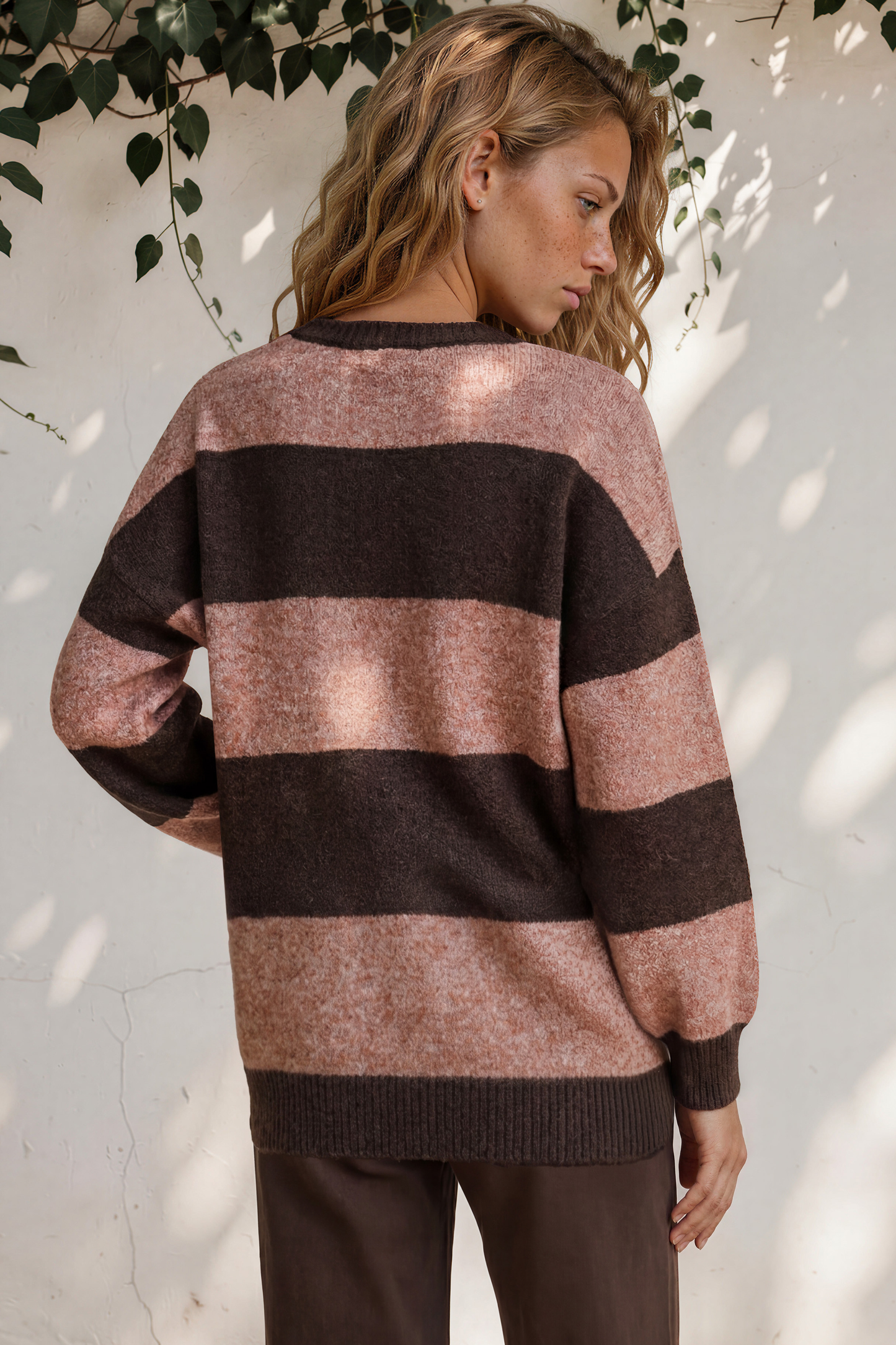 Mekah Jumper - Crew Neck Stripe Knit with Balloon Sleeves in Chocolate/Tobacco