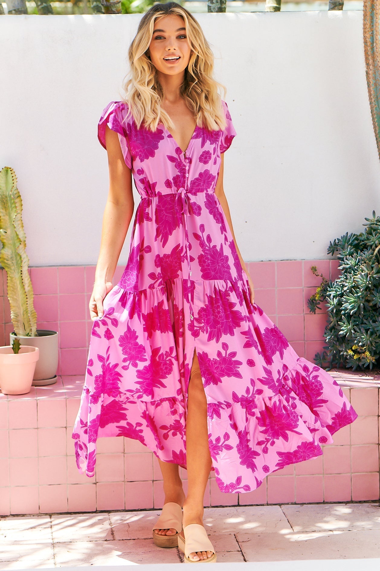 JAASE - Melissa Maxi Dress: Pull Tie Waist Dress with Split in Valentine Print