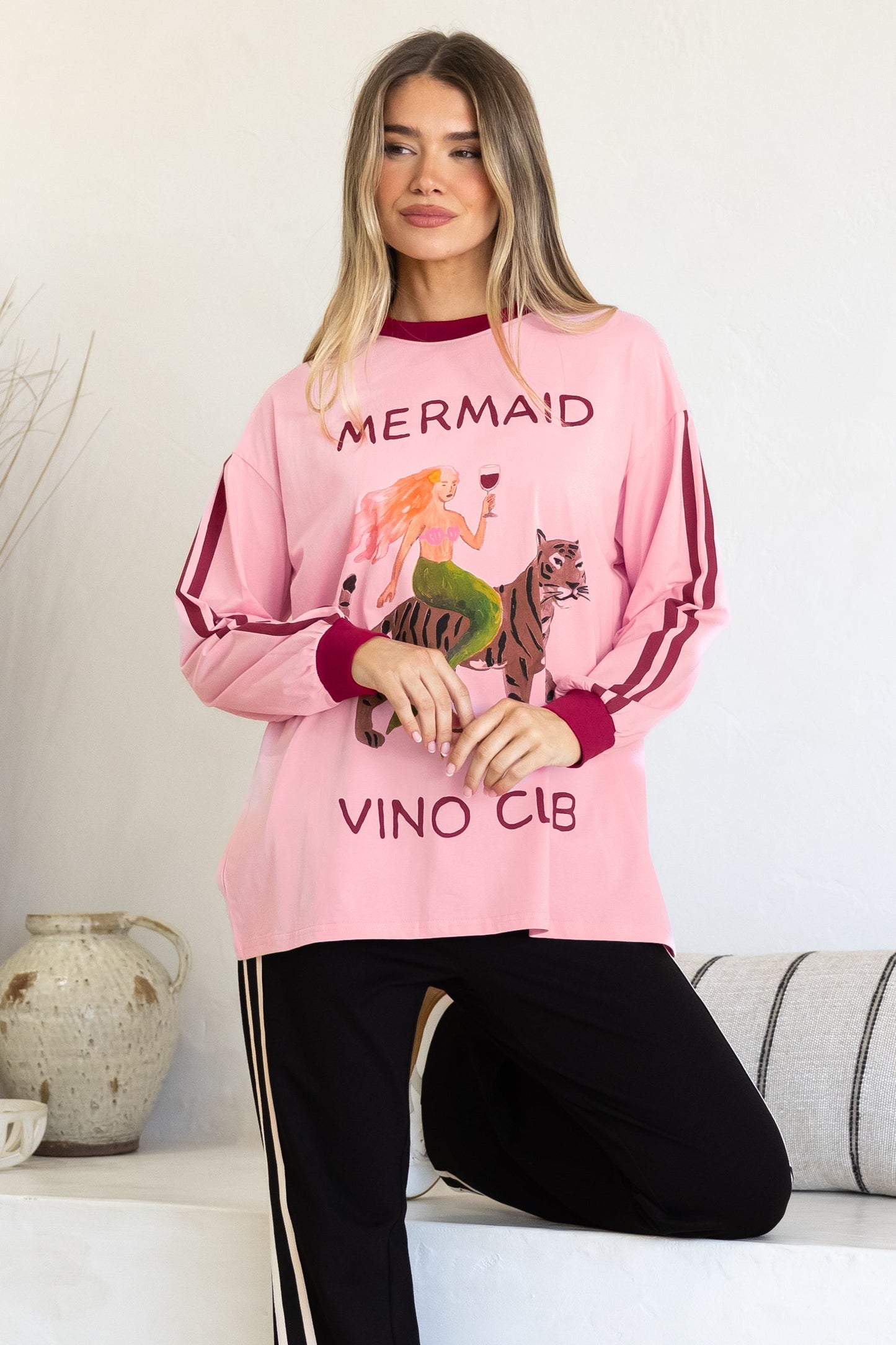Mermaid Vino Long Sleeve Tee - Crew Neck Contrast Stripe Graphic T-Shirt in Pink