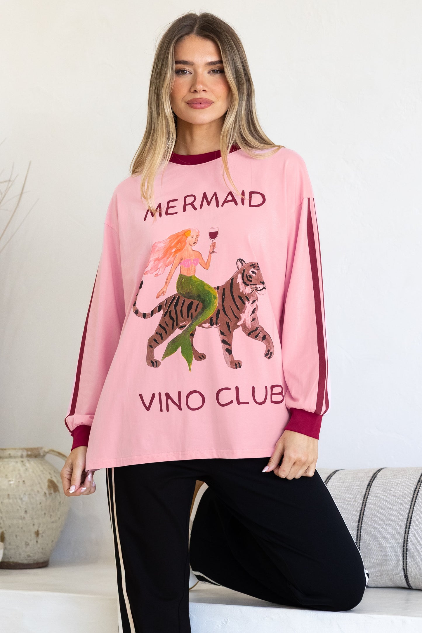 Mermaid Vino Long Sleeve Tee - Crew Neck Contrast Stripe Graphic T-Shirt in Pink