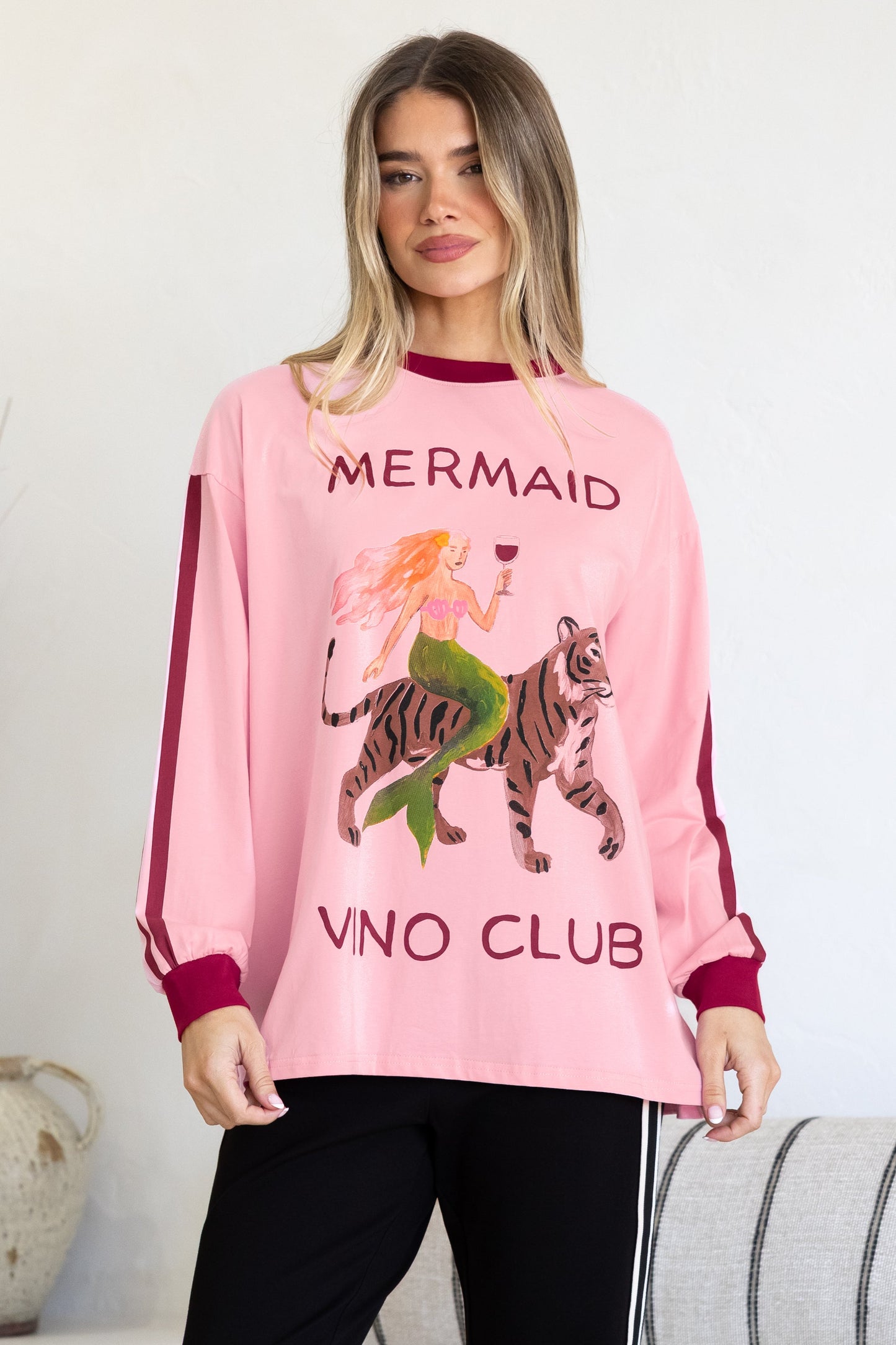 Mermaid Vino Long Sleeve Tee - Crew Neck Contrast Stripe Graphic T-Shirt in Pink