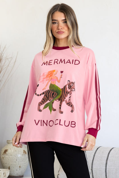 Mermaid Vino Long Sleeve Tee - Crew Neck Contrast Stripe Graphic T-Shirt in Pink