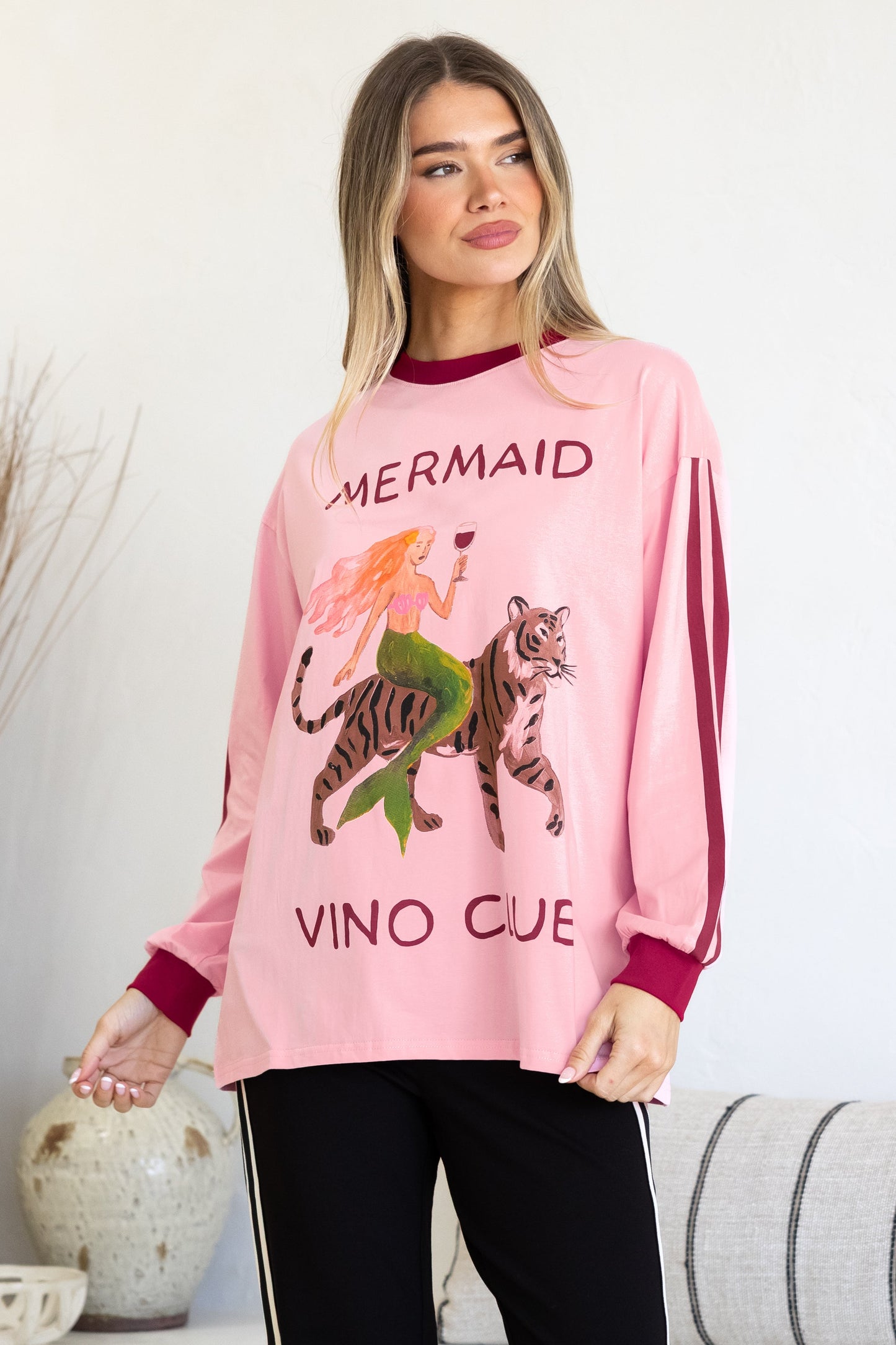 Mermaid Vino Long Sleeve Tee - Crew Neck Contrast Stripe Graphic T-Shirt in Pink