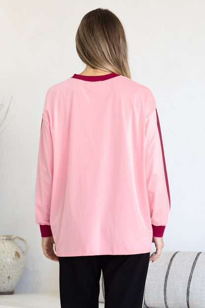 Mermaid Vino Long Sleeve Tee - Crew Neck Contrast Stripe Graphic T-Shirt in Pink