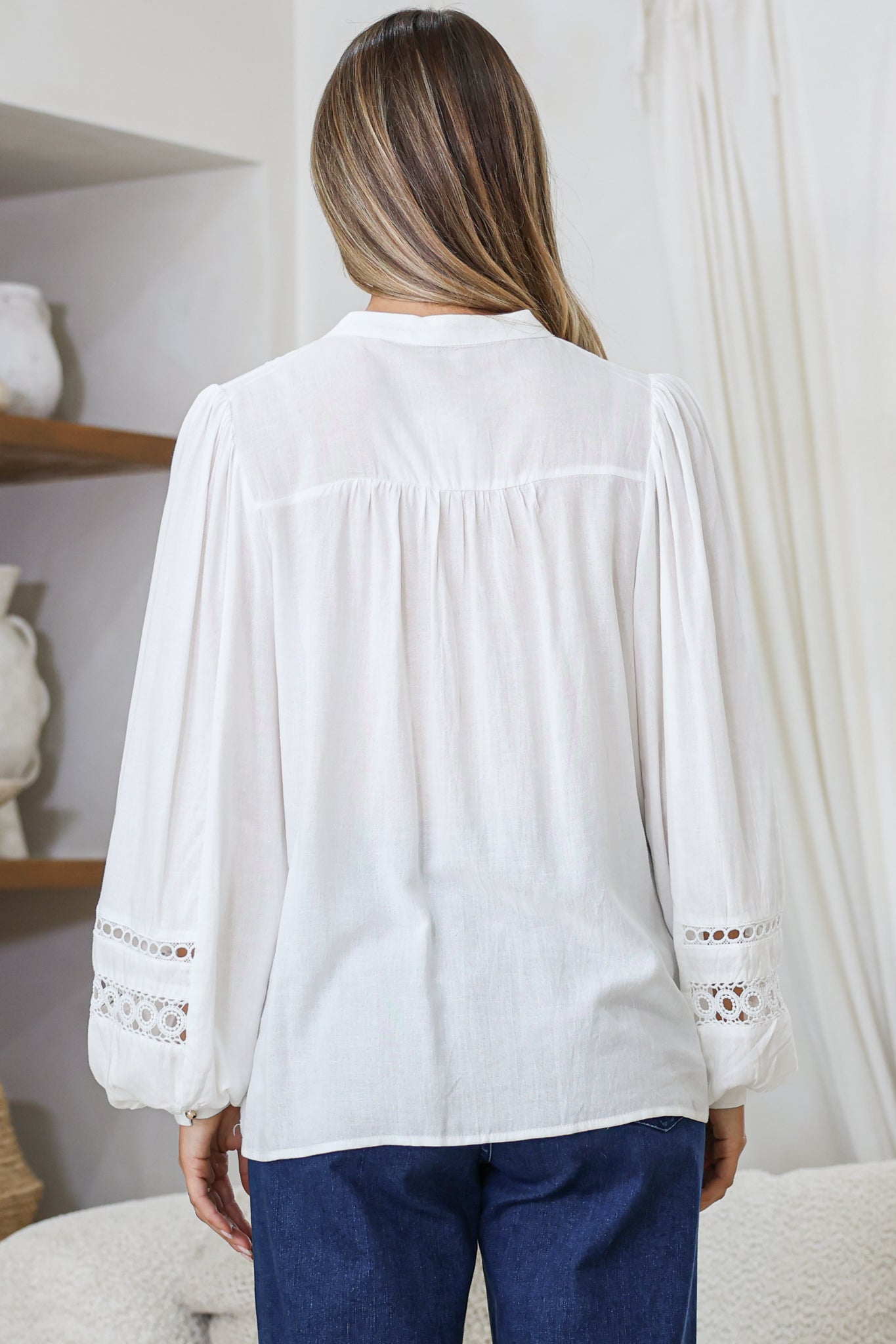 Milano Blouse - Mandarin Collar Button Down with Delicate Lace Cut-Out Detailing in White