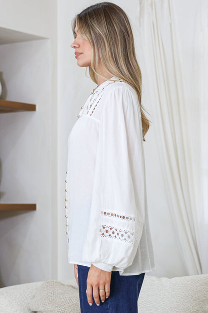 Milano Blouse - Mandarin Collar Button Down with Delicate Lace Cut-Out Detailing in White
