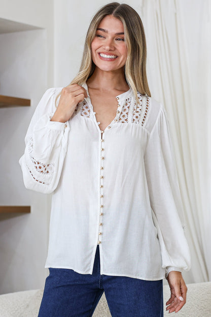 Milano Blouse - Mandarin Collar Button Down with Delicate Lace Cut-Out Detailing in White