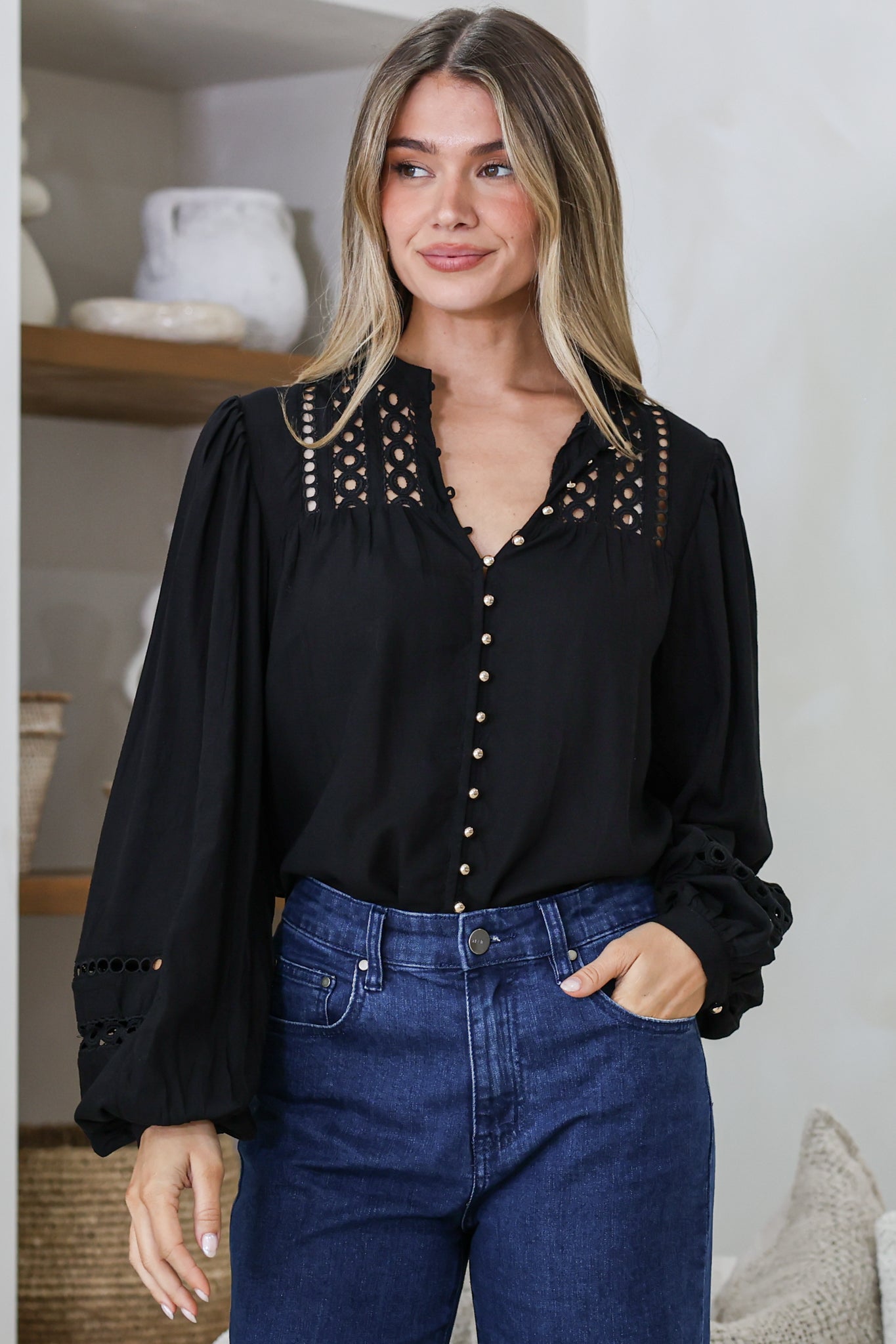 Milano Blouse - Mandarin Collar Button Down with Delicate Lace Cut-Out Detailing in Black