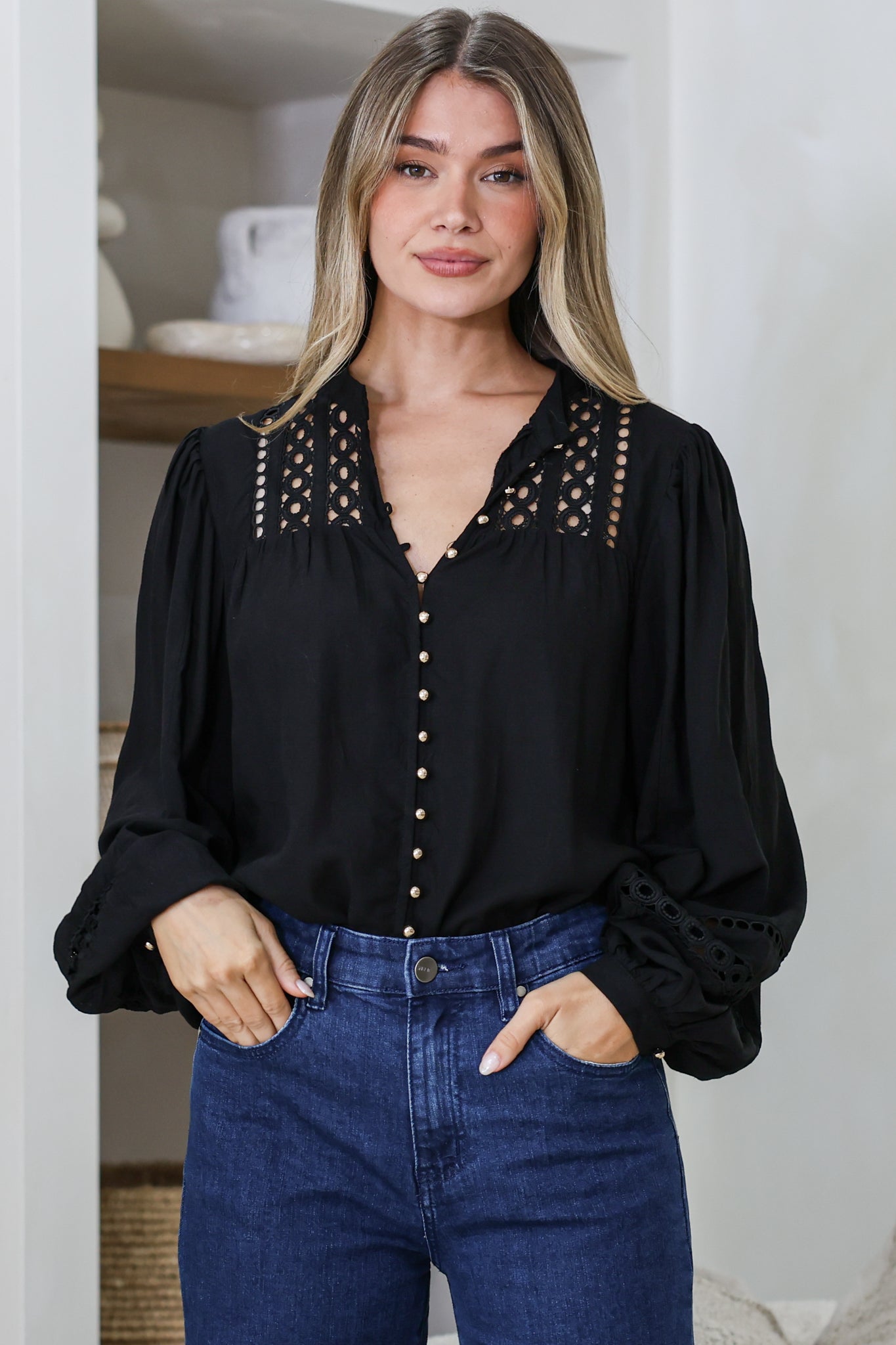 Milano Blouse - Mandarin Collar Button Down with Delicate Lace Cut-Out Detailing in Black