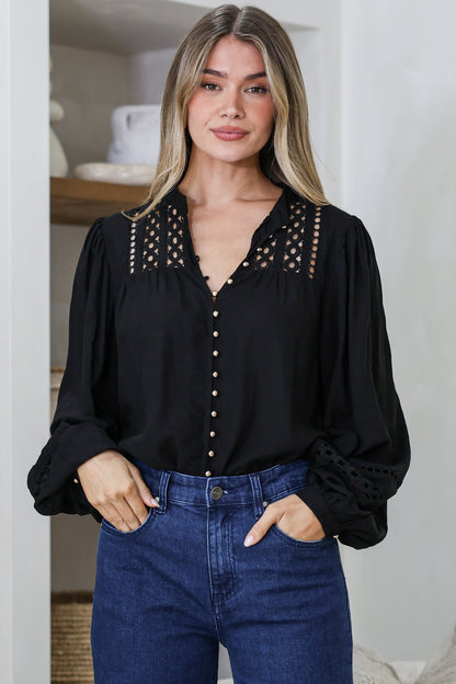 Milano Blouse - Mandarin Collar Button Down with Delicate Lace Cut-Out Detailing in Black