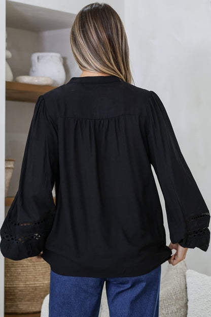 Milano Blouse - Mandarin Collar Button Down with Delicate Lace Cut-Out Detailing in Black