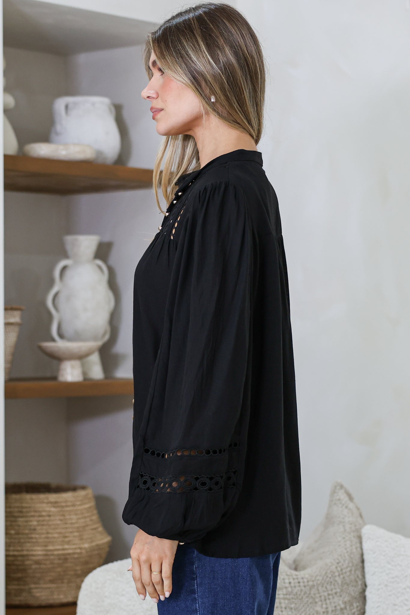 Milano Blouse - Mandarin Collar Button Down with Delicate Lace Cut-Out Detailing in Black
