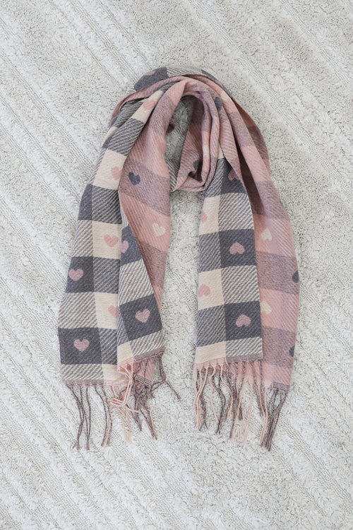 Minka Scarf - Soft Cozy Wrap Scarf with Heart and Check Print in Pink