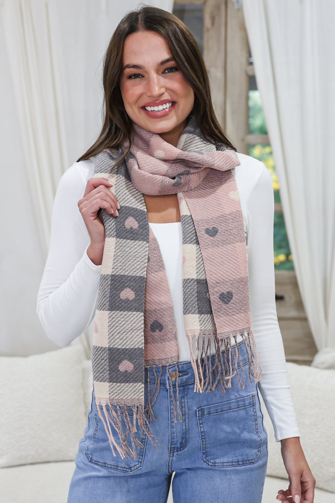 Minka Scarf - Soft Cozy Wrap Scarf with Heart and Check Print in Pink