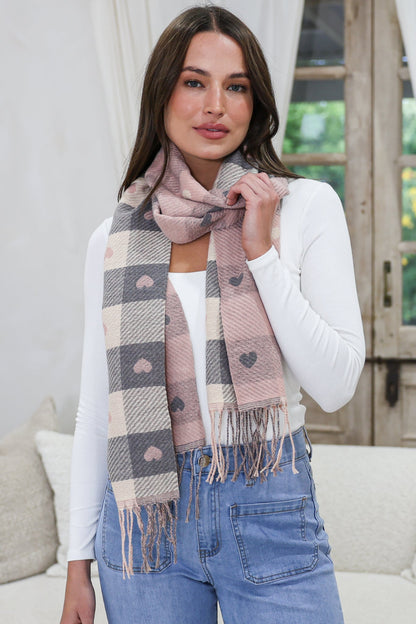 Minka Scarf - Soft Cozy Wrap Scarf with Heart and Check Print in Pink