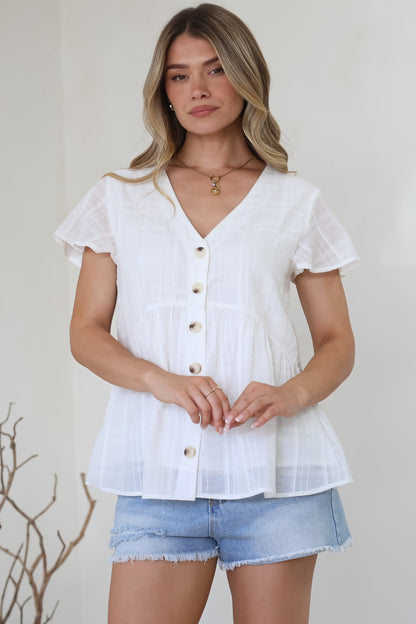 Mitzy Top - Textured Button Down Top with Cap Sleeves in White