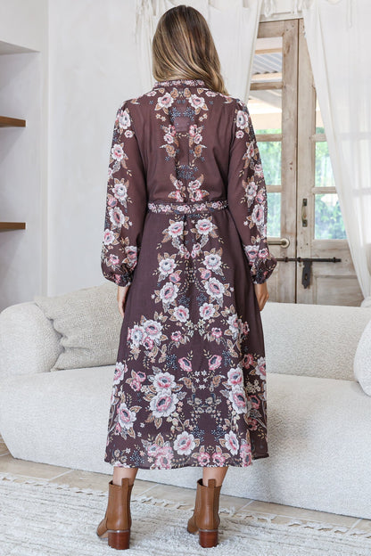 Moreana Midi Dress - Mandarin Collar Button Down Long Sleeve Dress with Belt in Fontana Print Brown