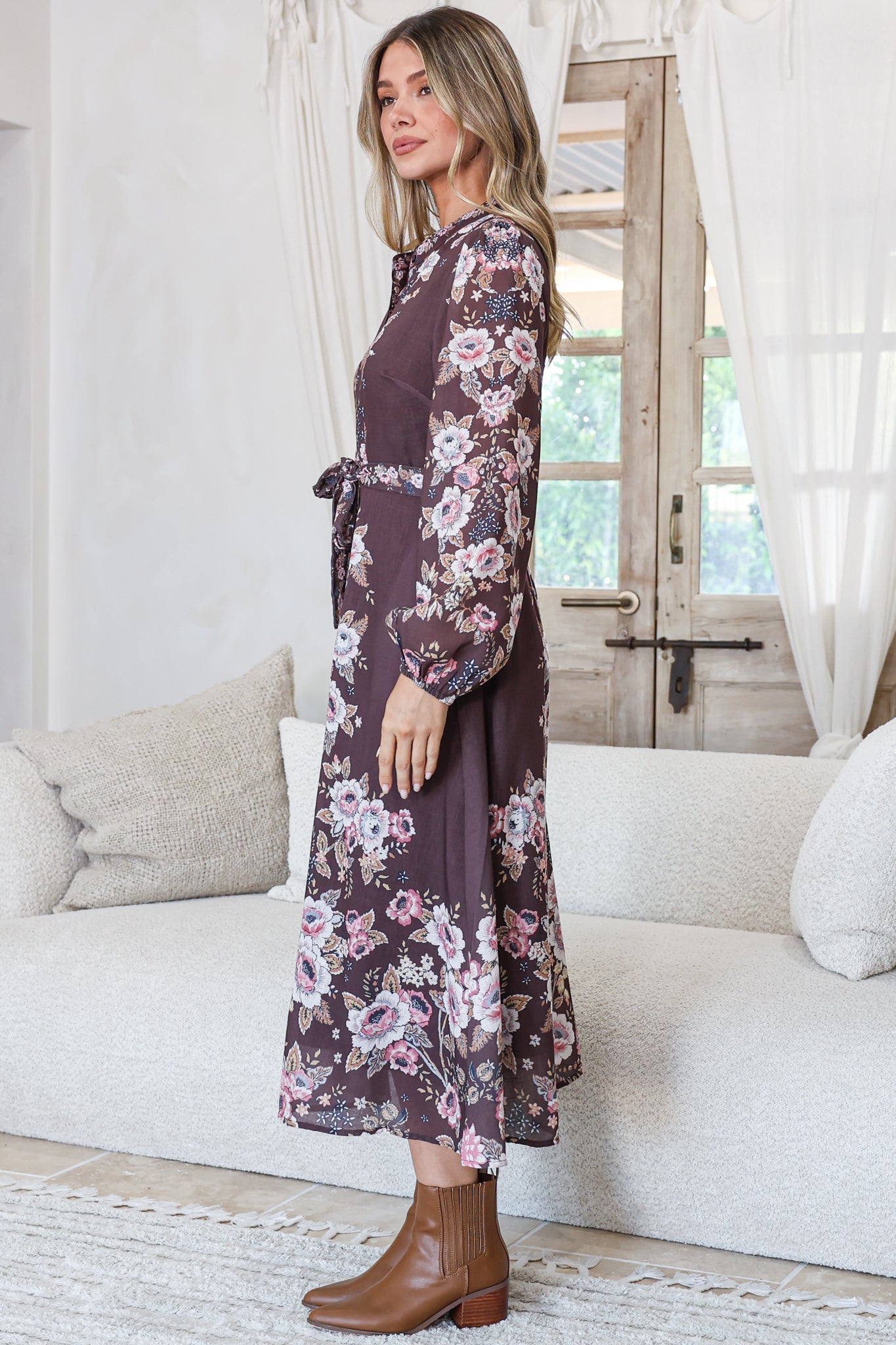 Moreana Midi Dress - Mandarin Collar Button Down Long Sleeve Dress with Belt in Fontana Print Brown