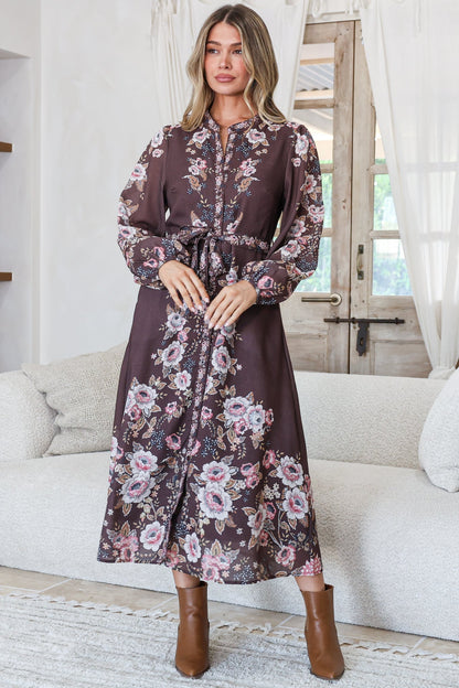 Moreana Midi Dress - Mandarin Collar Button Down Long Sleeve Dress with Belt in Fontana Print Brown
