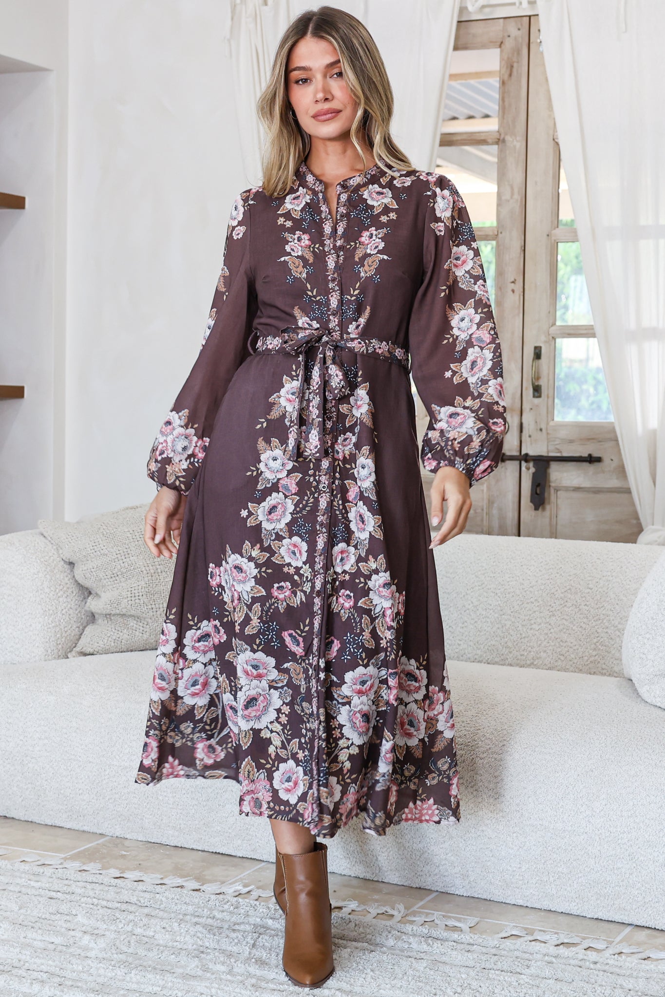 Moreana Midi Dress - Mandarin Collar Button Down Long Sleeve Dress with Belt in Fontana Print Brown