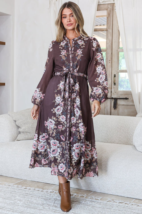Moreana Midi Dress - Mandarin Collar Button Down Long Sleeve Dress with Belt in Fontana Print Brown