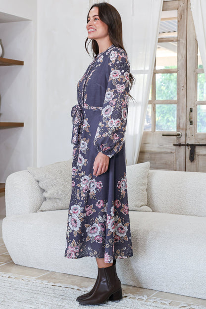 Moreana Midi Dress - Mandarin Collar Button Down Long Sleeve Dress with Belt in Fontana Print Grey